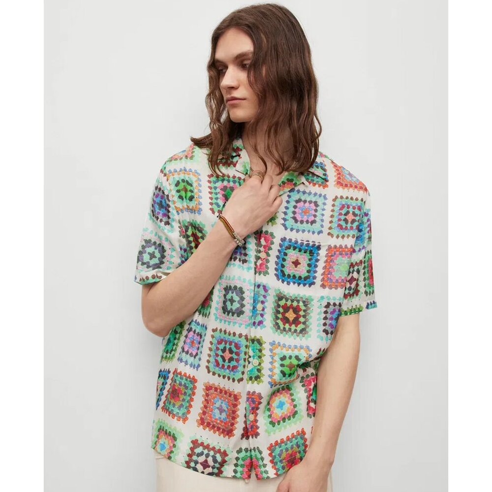 AllSaints Tunis Relaxed Fit Crochet Print Short Sleeve Button-Up Camp Shirt